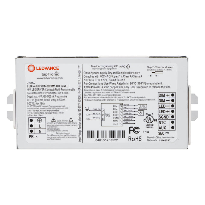 LED Driver - 120-277V - 400-1400mA, 40W, 0-10V Dimmable - LEDrv40UNVC1400DIM1AUX12NFC