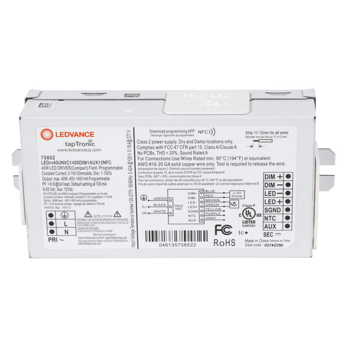 LED Driver - 120-277V - 400-1400mA, 40W, 0-10V Dimmable - LEDrv40UNVC1400DIM1AUX12NFC