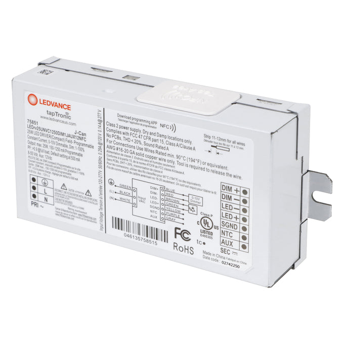 LED Driver - 120-277V - 150-1250mA, 25W, 0-10V Dimmable - LEDrv25UNVC1250DIM1JAUX12NFC