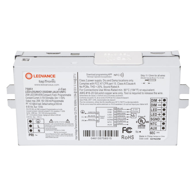 LED Driver - 120-277V - 150-1250mA, 25W, 0-10V Dimmable - LEDrv25UNVC1250DIM1JAUX12NFC