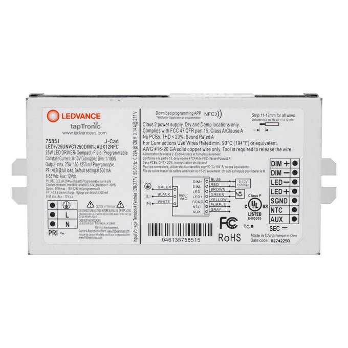 LED Driver - 120-277V - 150-1250mA, 25W, 0-10V Dimmable - LEDrv25UNVC1250DIM1JAUX12NFC