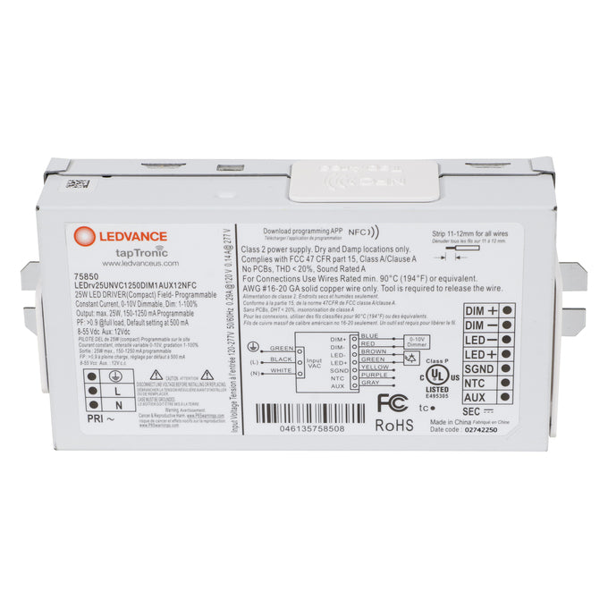 LED Driver - 120-277V - 150-1250mA. 25W, 0-10V Dimmable - LEDrv25UNVC1250DIM1AUX12NFC