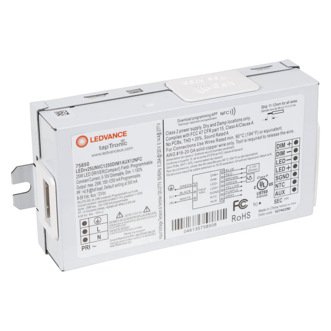 LED Driver - 120-277V - 150-1250mA. 25W, 0-10V Dimmable - LEDrv25UNVC1250DIM1AUX12NFC
