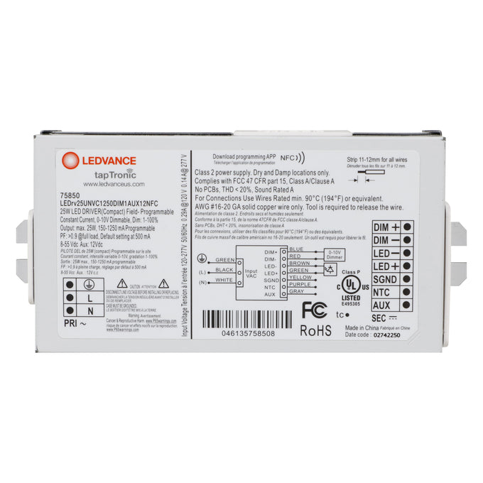 LED Driver - 120-277V - 150-1250mA. 25W, 0-10V Dimmable - LEDrv25UNVC1250DIM1AUX12NFC
