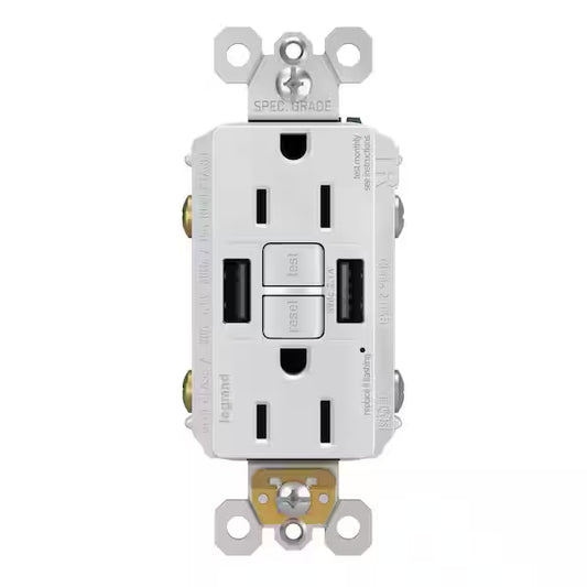 15A USB GFCI Outlet - Tamper Resistant - White